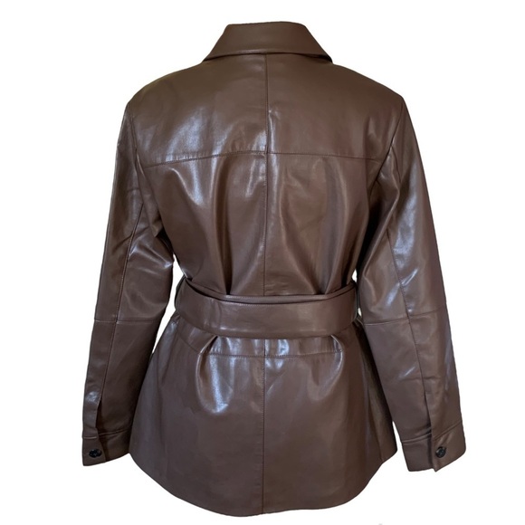 nwt Elie Tahari Faux Leather Jacket Belted Button Down Coat Brown Size Medium - Picture 5 of 16